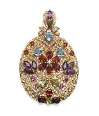 Lot 2076 - A Gemstone and Diamond Pendant, a floral centred pendant of garnet, blue topaz, amethyst and...