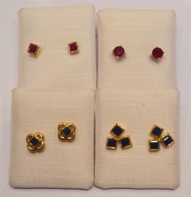 Lot 2077 - Four Pairs of Gemstone Earrings, including; two pairs of ruby stud earrings, one pair of...
