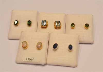 Lot 2078 - Five Pairs of Gemstone Earrings, including; a pair of oval cabochon opal studs, a pair of oval...