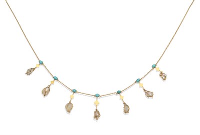 Lot 2096 - A Turquoise and Pearl Fringe Necklace, seven drops of cabochon turquoise suspending a drop with...