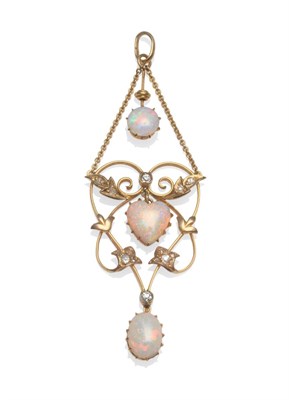 Lot 2097 - An Art Nouveau Style Pendant, set with three cabochon opals; one round, one heart shaped and...