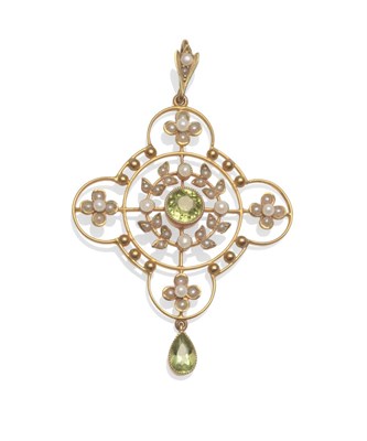 Lot 2099 - An Early 20th Century Peridot and Seed Pearl Pendant, a knife edge wire frame with bead decoration