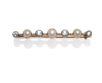 Lot 2102 - A Pearl and Diamond Bar Brooch, three split pearls alternate with four old cut diamonds in...