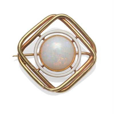 Lot 2105 - An Opal Brooch, a round cabochon opal in a yellow millegrain setting, to a white enamelled...