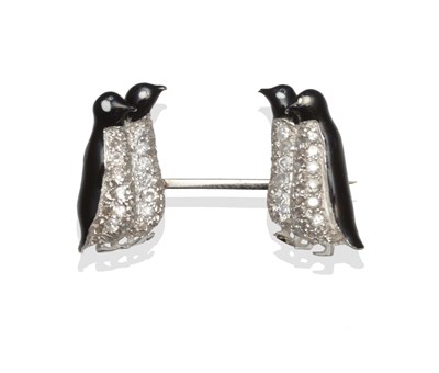 Lot 2108 - A Diamond and Enamel Penguin Brooch, four penguins on a bar pin, each enamelled in black and...