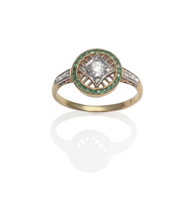 Lot 2113 - An Art Deco Style Emerald and Diamond Ring, an old cut diamond centrally, within a frame of...