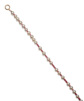 Lot 2146 - A Pink Spinel and Cultured Pearl Necklace, faceted pink spinel strung with cultured pearls,...