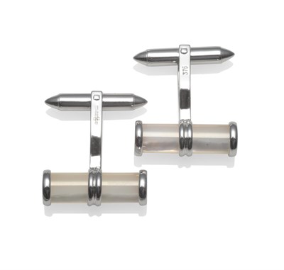 Lot 2171 - A Pair of 9 Carat White Gold Cufflinks, set with mother-of-pearl tubes, hinged bar fittings