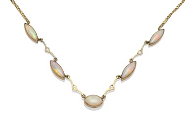 Lot 2179 - A 9 Carat Gold Opal Necklace, five marquise shaped cabochon opals in yellow millegrain settings...