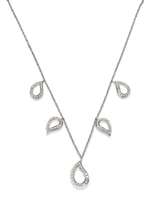 Lot 2192 - An 18 Carat White Gold Diamond Necklace, five diamond set drop shapes on a fine trace link...