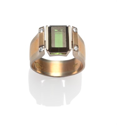 Lot 2198 - A Green Tourmaline and Diamond Ring, the emerald-cut tourmaline in a white bar setting, with...