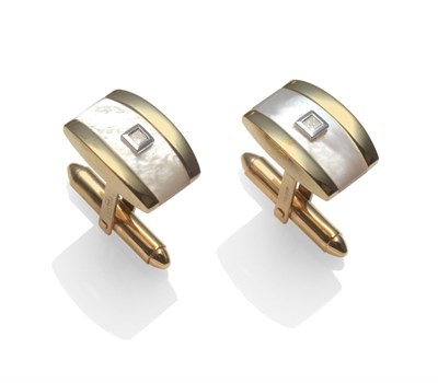 Lot 2222 - A Pair of 9 Carat Gold Cufflinks, the convex oblong form inset with a mother-of-pearl band, a...