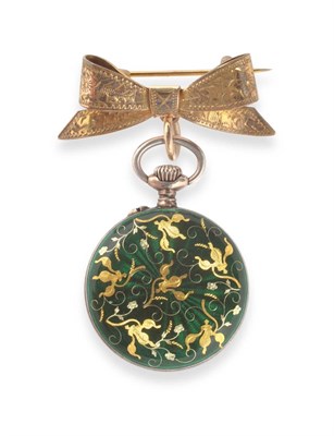 Lot 2234 - A Lady's Green Enamel Fob Watch, circa 1900, cylinder movement, enamel dial with Arabic...