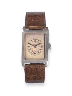 Lot 2243 - A Silver Art Deco Rectangular Wristwatch, signed Roamer, 1930, lever movement, silvered dial...