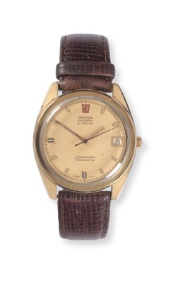 Lot 2266 - A Gold Plated Electronic Calendar Centre Seconds Wristwatch, signed Omega, Chronometer, f300Hz,...