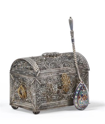 Lot 2342 - A Silver Filigree Casket, unmarked, the sides and domed cover of typical scrolling filigree...