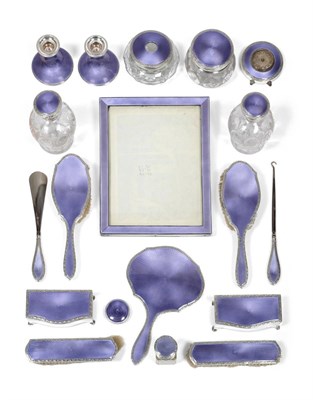 Lot 2366 - An Extensive Art Deco Silver and Lilac Enamel Dressing Table Set, Henry Matthews, Birmingham,...