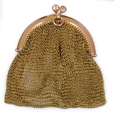 Lot 2375 - A 9ct Gold Mesh Purse, 20th century, the demi lune mount with simple clasp suspending a fine...