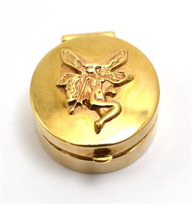 Lot 2390 - A Modern 9ct Gold Pill Box, London 2001, circular, the hinged cover applied with a fairy, 2cm wide