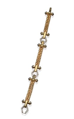 Lot 2008 - A Diamond Bracelet, white links inset with round brilliant cut diamonds with yellow rope links,...