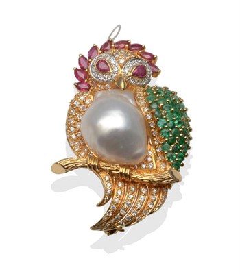 Lot 2026 - A Multi-Gemstone Owl Brooch, set with marquise and pear cut rubies, round emeralds, round brilliant