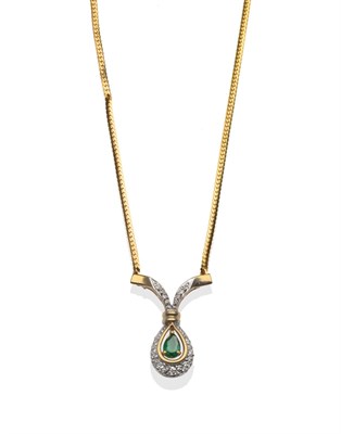 Lot 2062 - An Emerald and Diamond Necklace, a pear cut emerald claw set within a round brilliant cut...