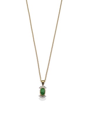 Lot 2066 - An 18 Carat Gold Jade and Diamond Pendant on Chain, a carved jade oval cabochon in a yellow...