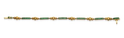 Lot 2067 - An Emerald and Diamond Bracelet, bar links set with calibré cut emeralds in yellow channel...