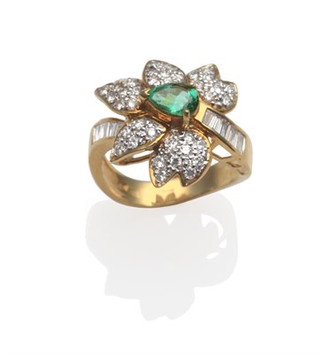 Lot 2086 - An Emerald and Diamond Leaf Motif Ring, a pear-cut emerald within a pavé set diamond leaf...