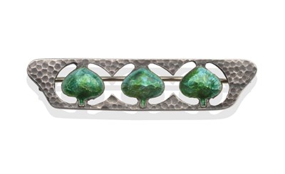 Lot 2100 - An Art Nouveau Enamelled Brooch, by Gourdel Vales & Co., 1907, the openwork hammered bar with three