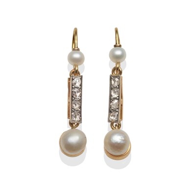 Lot 2101 - A Pair of Pearl and Diamond Drop Earrings, a pearl stud suspends a bar of rose cut diamonds in...