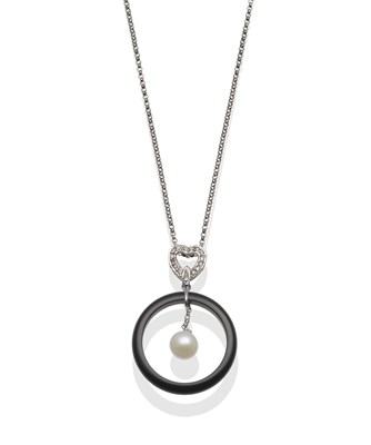 Lot 2134 - An 18 Carat White Gold Cultured Pearl, Onyx and Diamond Necklace, with a white pavé set...