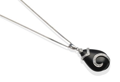 Lot 2136 - A 9 Carat White Gold Onyx and Diamond Pendant on Chain, the drop-shape onyx with applied white...