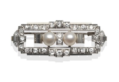 Lot 2147 - A Cultured Pearl and Diamond Plaque Brooch, set with two cultured pearls within a frame of old...