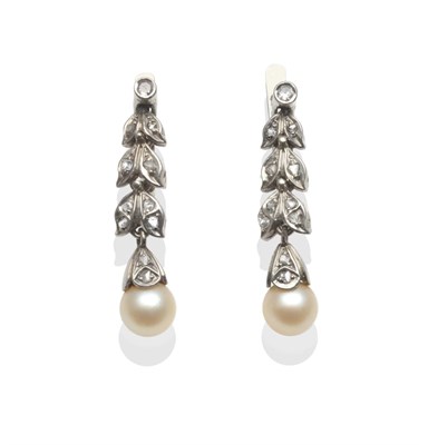 Lot 2152 - A Pair of Pearl and Diamond Earrings, an eight-cut diamond in a white rubbed over setting...