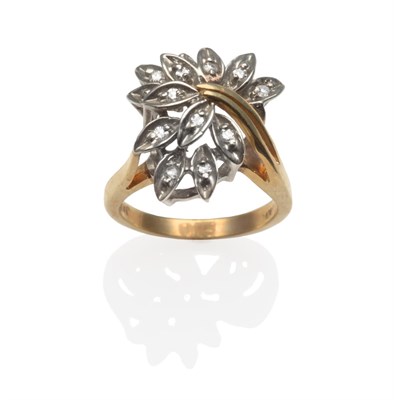 Lot 2156 - A Diamond Spray Ring, set with eight-cut diamonds in white leaf-shaped settings, on a yellow...