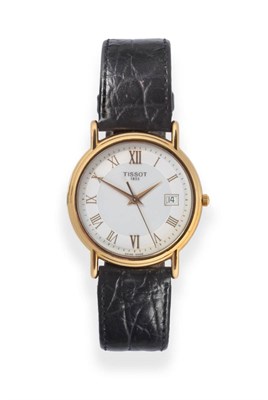 Lot 2164 - An 18ct Gold Calendar Centre Seconds Wristwatch, signed Tissot, circa 2000, quartz movement,...