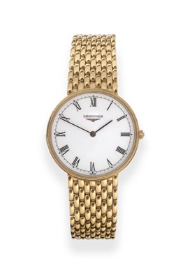 Lot 2169 - An 18ct Gold Wristwatch, signed Longines, circa 1995, quartz movement, white dial with Roman...