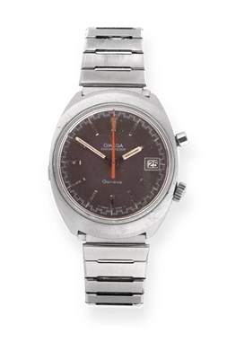 Lot 2175 - A Stainless Steel Calendar Chronograph Wristwatch, signed Omega, model: Chronostop, circa 1969,...