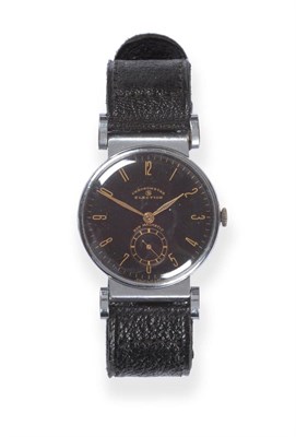 Lot 2182 - A Steel and Chrome Wristwatch, signed Election, circa 1945, lever movement, black dial with...