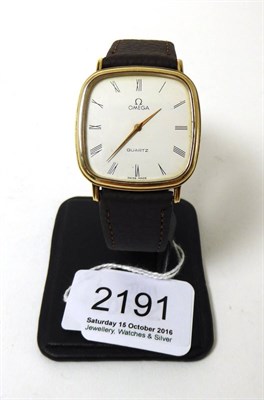 Lot 2191 - A 9ct Gold Wristwatch, signed Omega, circa 1990, quartz movement, white dial with Roman...