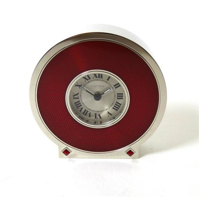 Lot 2197 - An Enamel Travelling Timepiece, signed Cartier, circa 2010, quartz movement, silvered dial with...