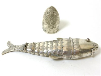 Lot 2235 - A Continental Silver Articulated Fish Spice Box, stamped .800, with hinged head and mouth each...