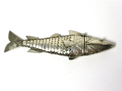 Lot 2237 - A Continental Silver Articulated Fish Spice Box, apparently unmarked, the hinged head opening...