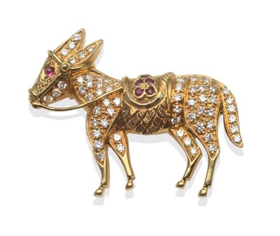 Lot 2013 - A Diamond and Ruby Donkey Brooch, ruby cabochon set eye and ruby set saddle with round...