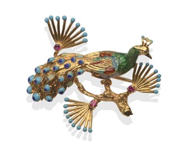 Lot 2016 - A Peacock Brooch, modelled perched on a branch with enamelled detail and set with three round...