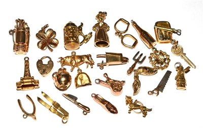 Lot 2030 - Twenty-Five Assorted Charms, including a Dachschund, a golf bag with clubs, a Champagne bottle,...