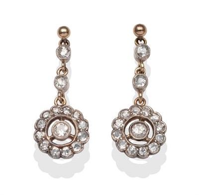 Lot 2052 - A Pair of Diamond Drop Earrings, a yellow stud suspends two chain linked old cut diamonds...