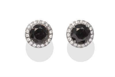 Lot 2072 - A Pair of Black and White Diamond Earrings, a round brilliant cut black diamond in a white four...