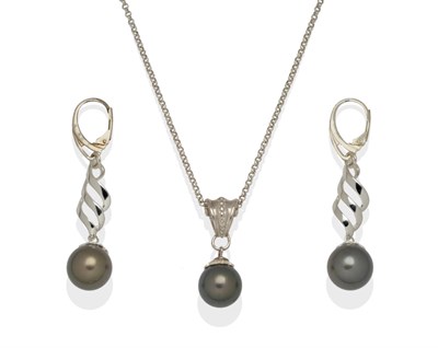 Lot 2077 - A Pair of Tahitian Cultured Pearl Drop Earrings, a scroll bar suspends a Tahitian pearl drop,...